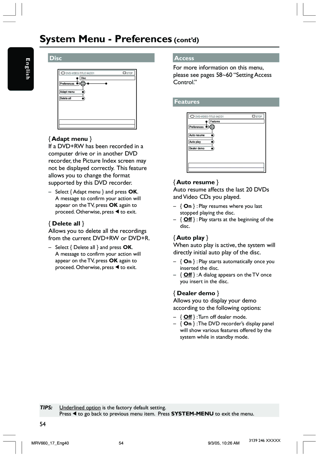 Magnavox MRV660 user manual System Menu Preferences cont’d, Disc, Access, Features 