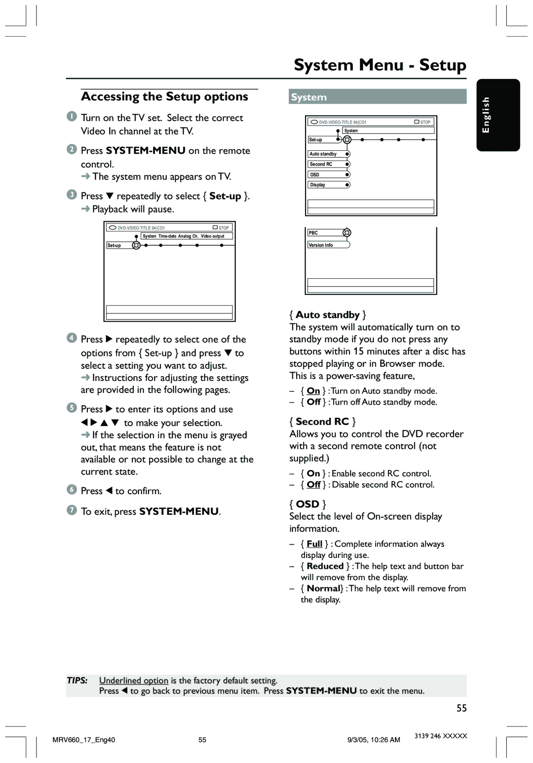 Magnavox MRV660 user manual System Menu Setup, Accessing the Setup options 