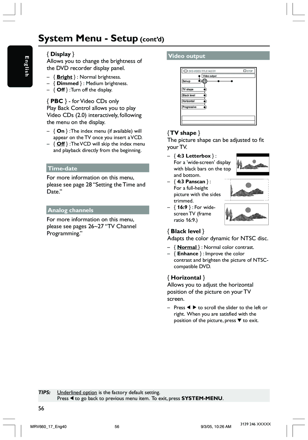 Magnavox MRV660 user manual System Menu Setup cont’d, Time-date, Analog channels, Video output 