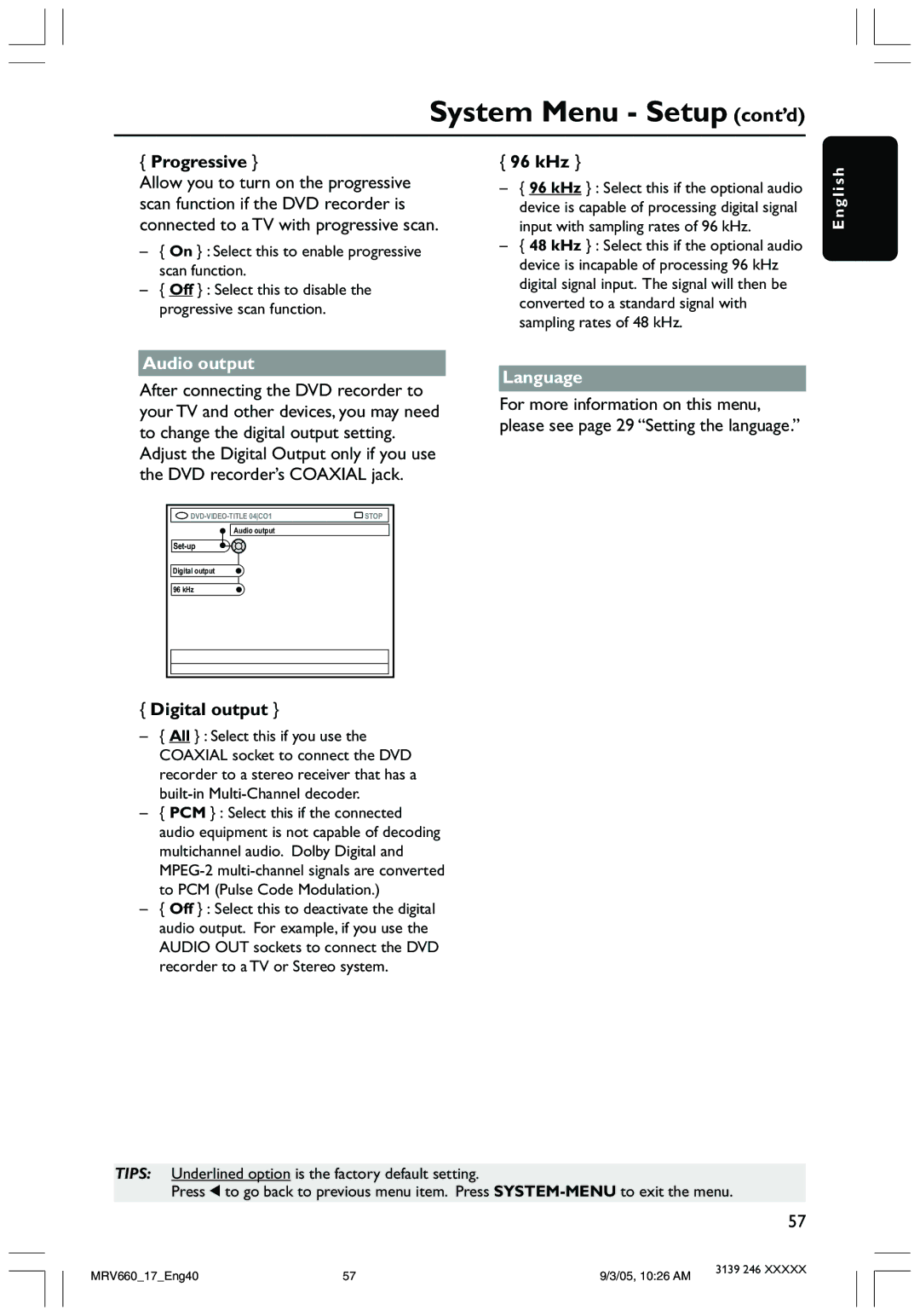 Magnavox MRV660 user manual Progressive, 96 kHz, Audio output, Digital output, Language 