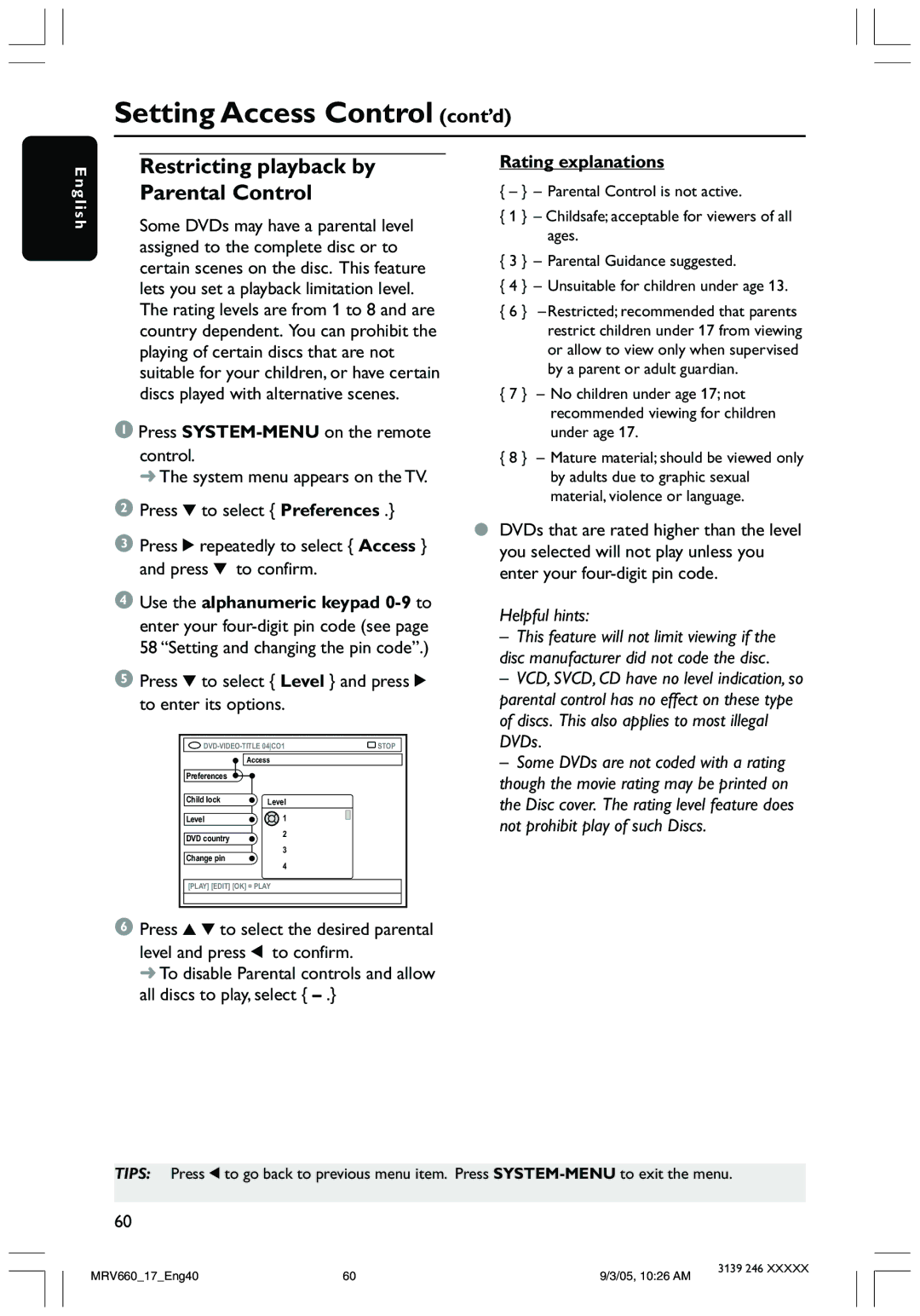 Magnavox MRV660 Restricting playback by Parental Control, Press 4 to select Level and press 2 to enter its options 