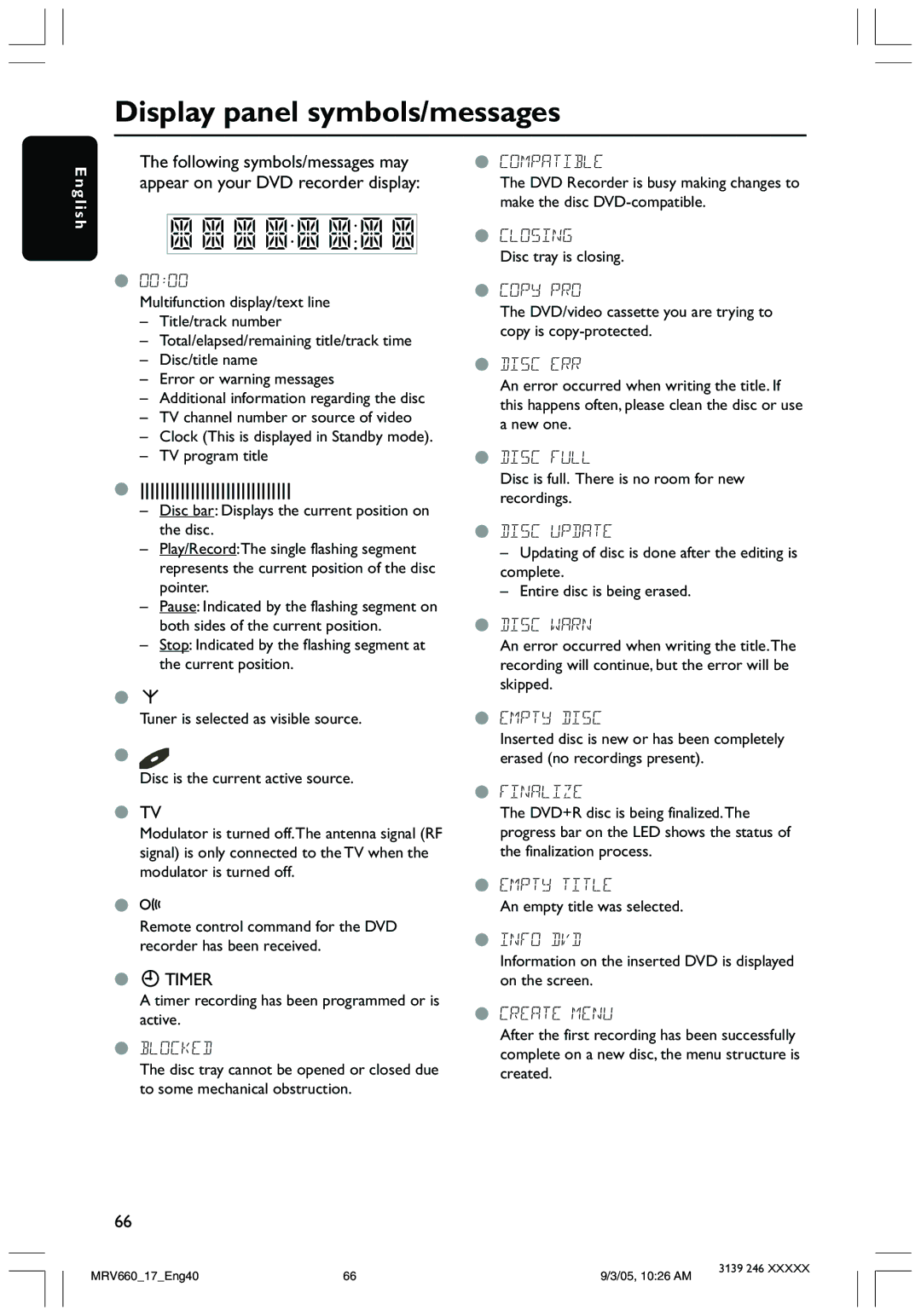 Magnavox MRV660 user manual Display panel symbols/messages, 0000 