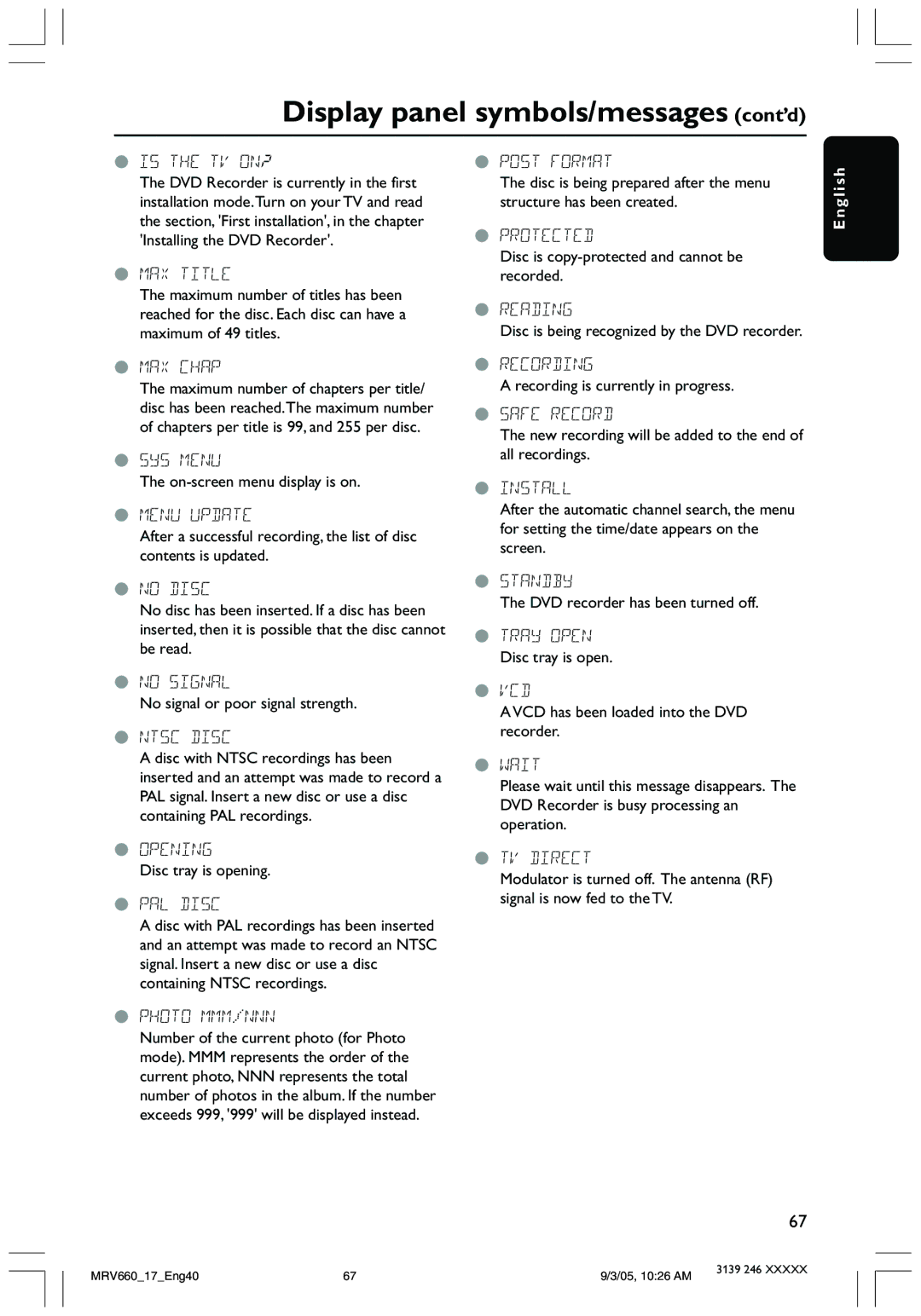 Magnavox MRV660 user manual Display panel symbols/messages cont’d 