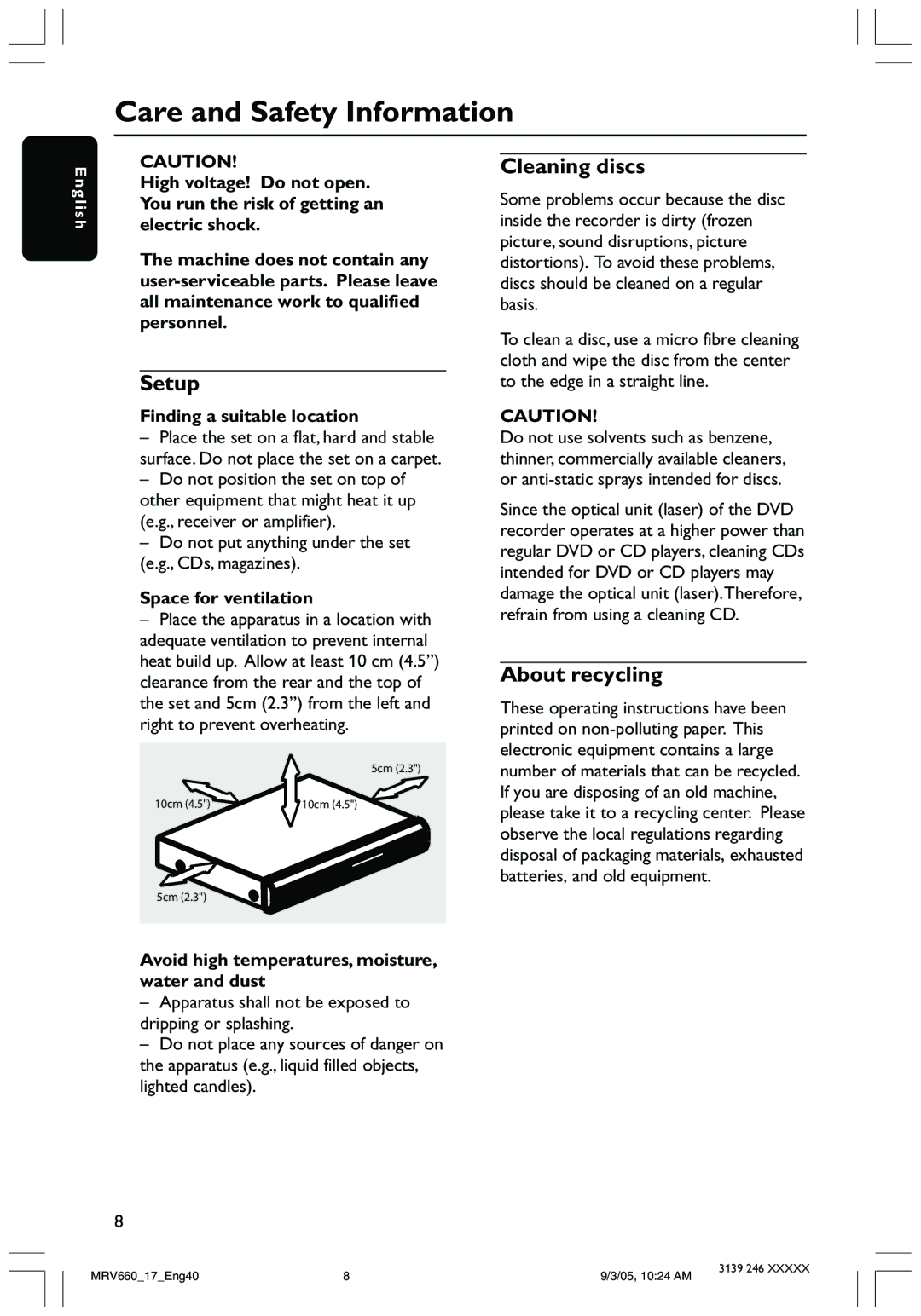 Magnavox MRV660 user manual Care and Safety Information, Setup, Cleaning discs, About recycling 