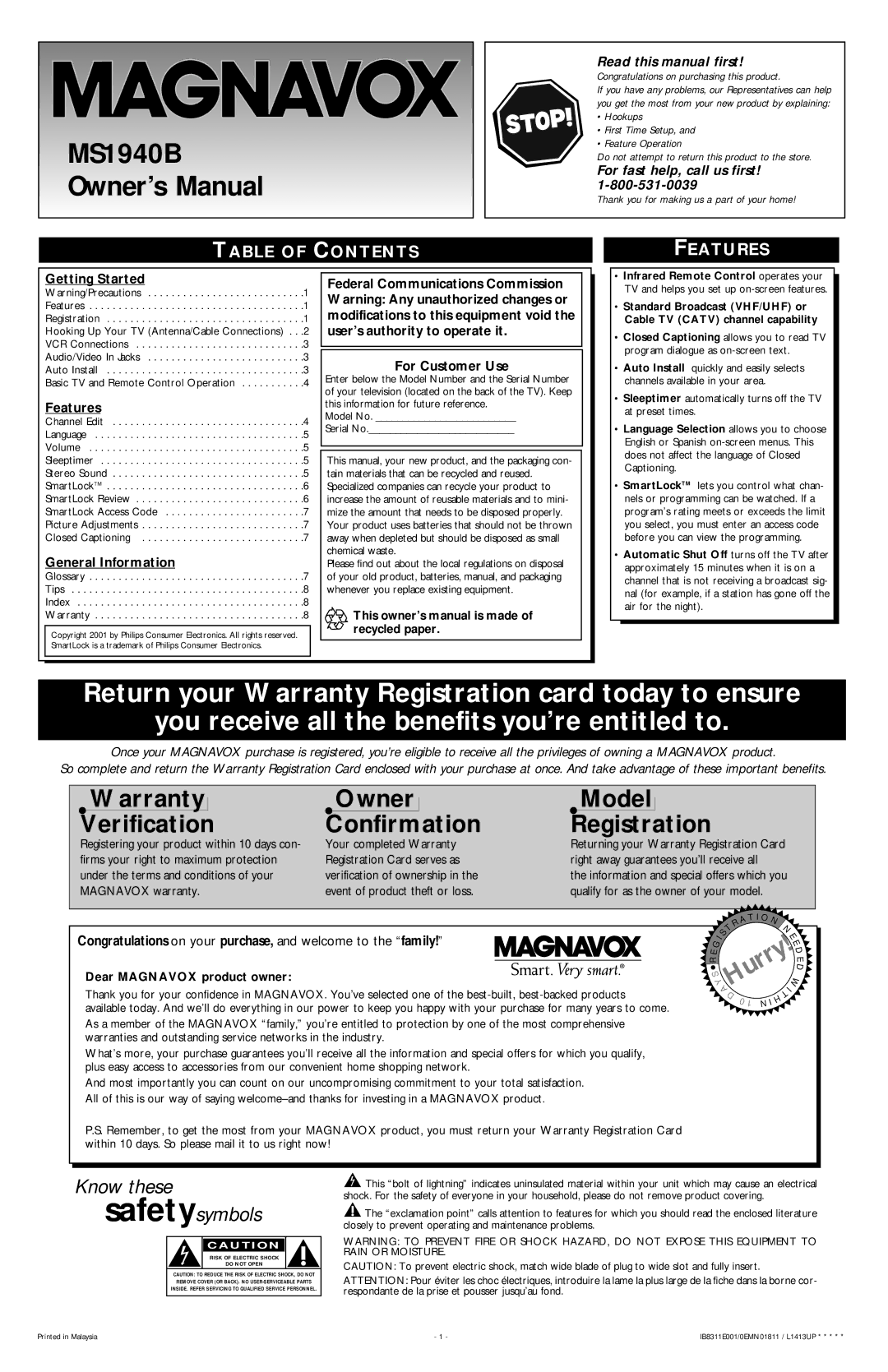 Magnavox MS1940B warranty Table of Contents Features 