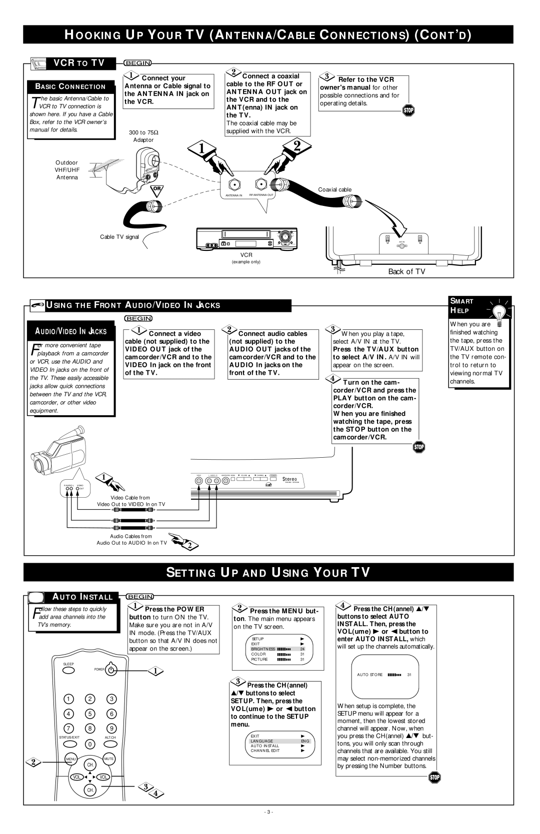 Magnavox MS1940B Hooking UP Your TV ANTENNA/CABLE Connections CONT’D, Setting UP and Using Your TV, AUDIO/VIDEO in Jacks 