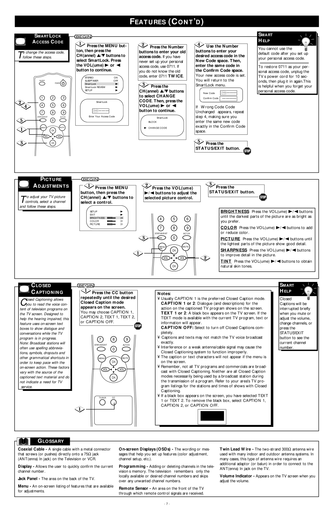 Magnavox MS1940B warranty Picture Adjustments, Closed Captioning, Glossary, Follow these steps 