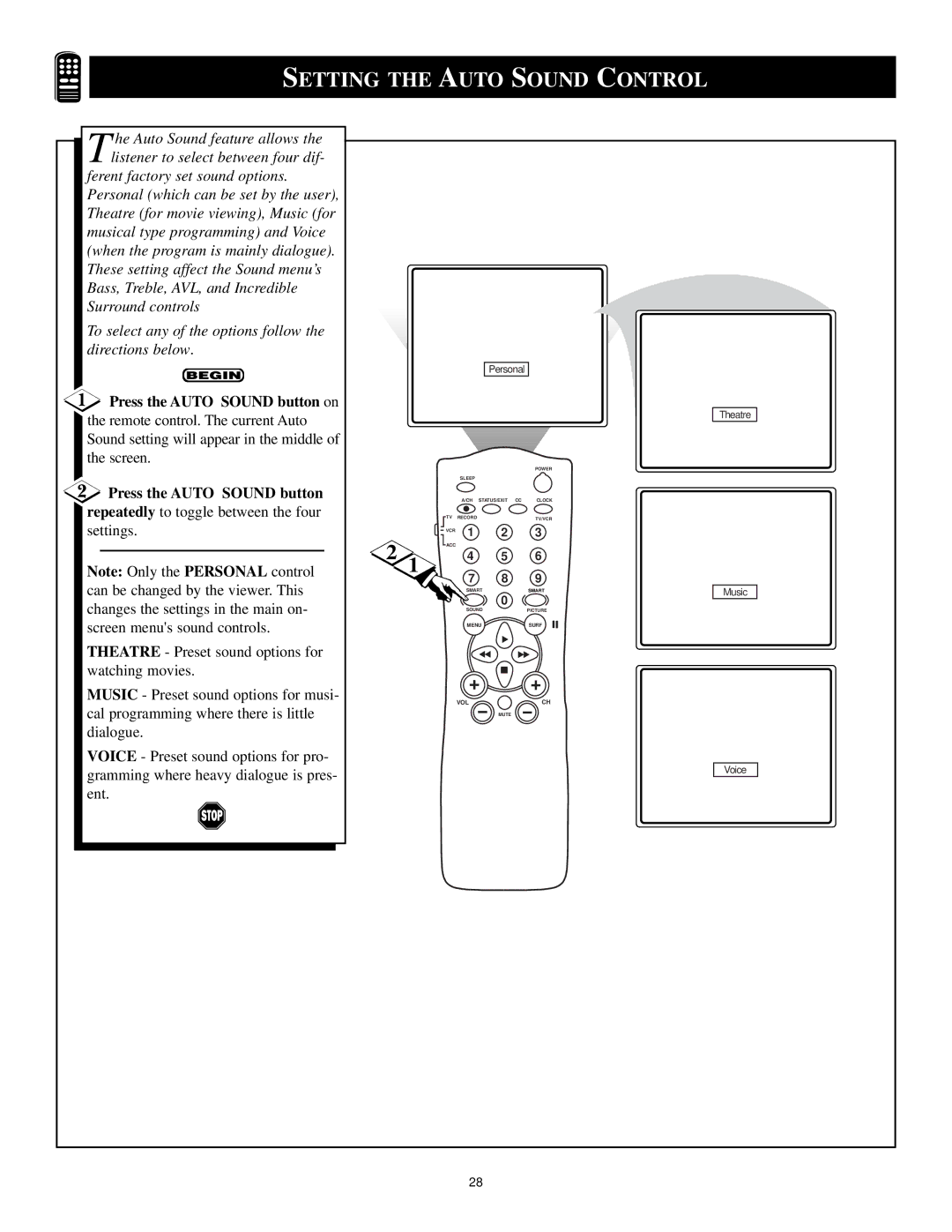 Magnavox MS3250C manual Setting the Auto Sound Control, Press the Auto Sound button on 