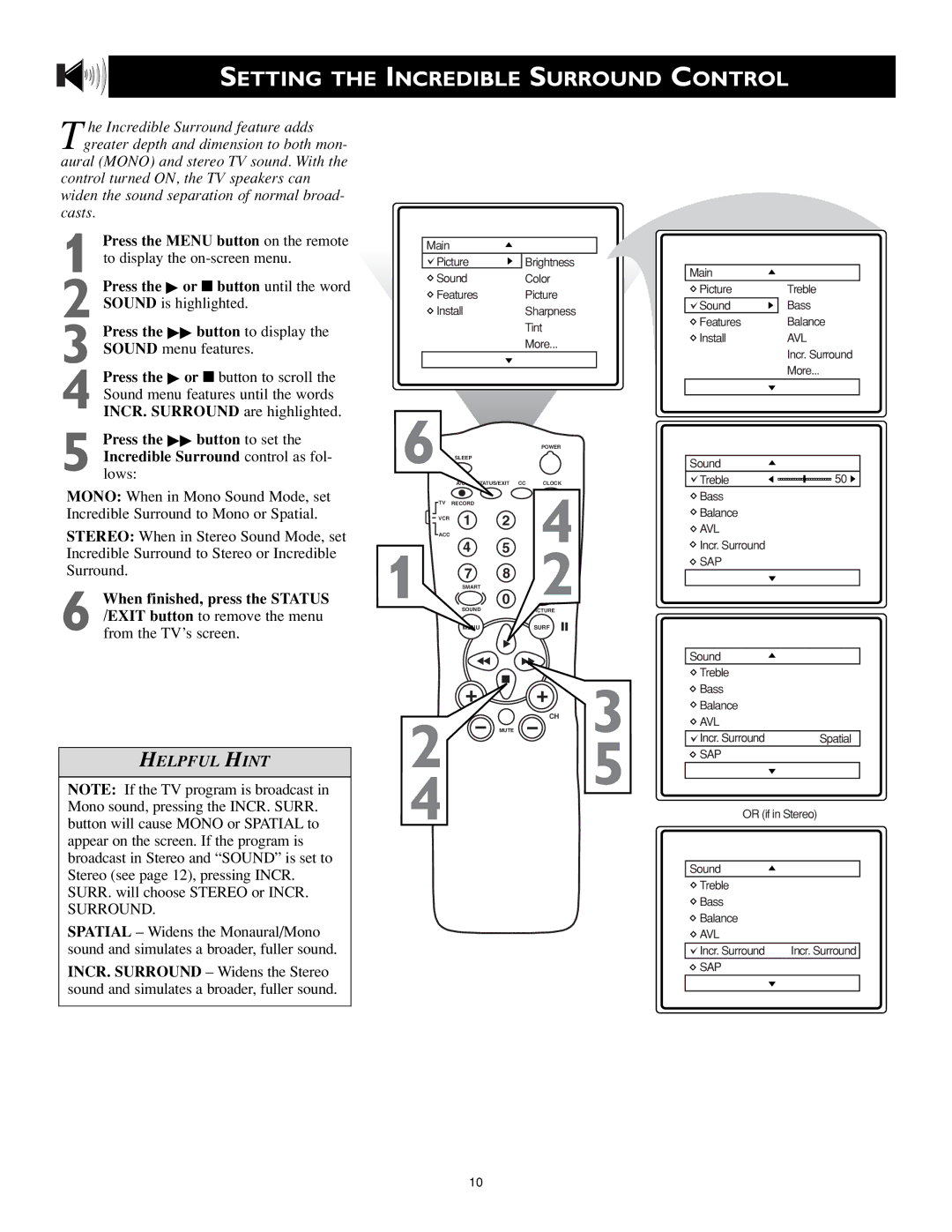 Magnavox MS3252S MS3652S owner manual Setting the Incredible Surround Control 