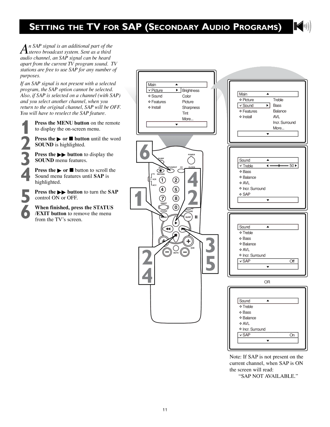 Magnavox MS3252S MS3652S owner manual Setting the TV for SAP Secondary Audio Programs 