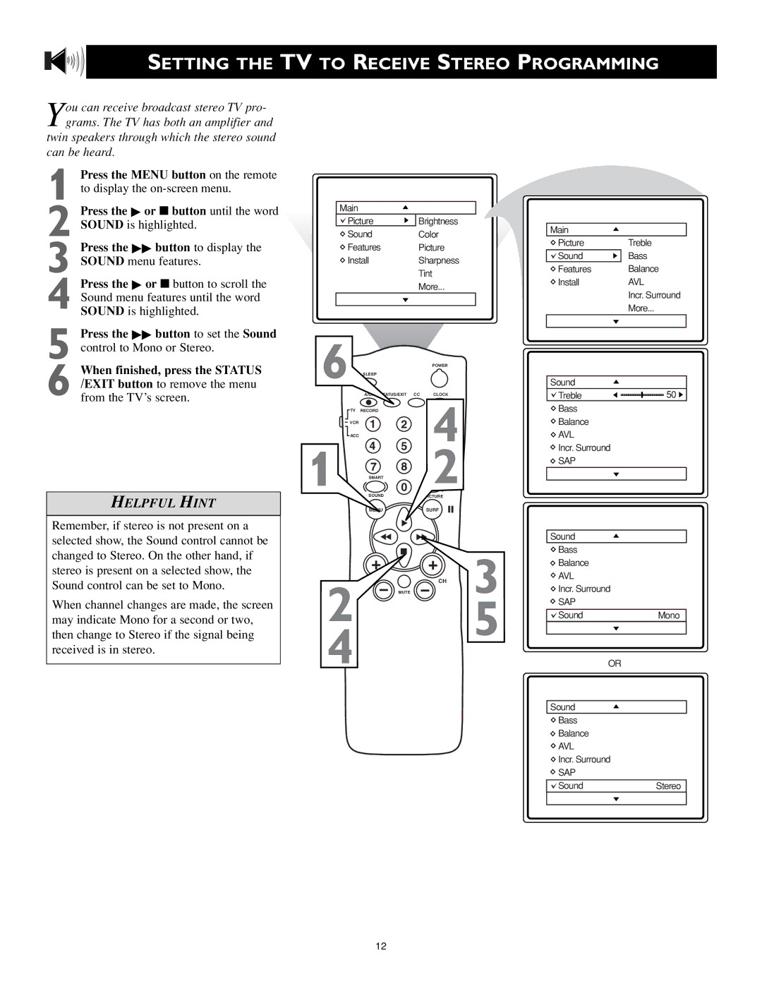 Magnavox MS3252S MS3652S owner manual Setting the TV to Receive Stereo Programming 