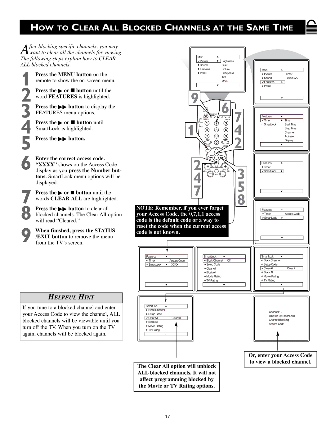 Magnavox MS3252S MS3652S owner manual HOW to Clear ALL Blocked Channels AT the Same Time 