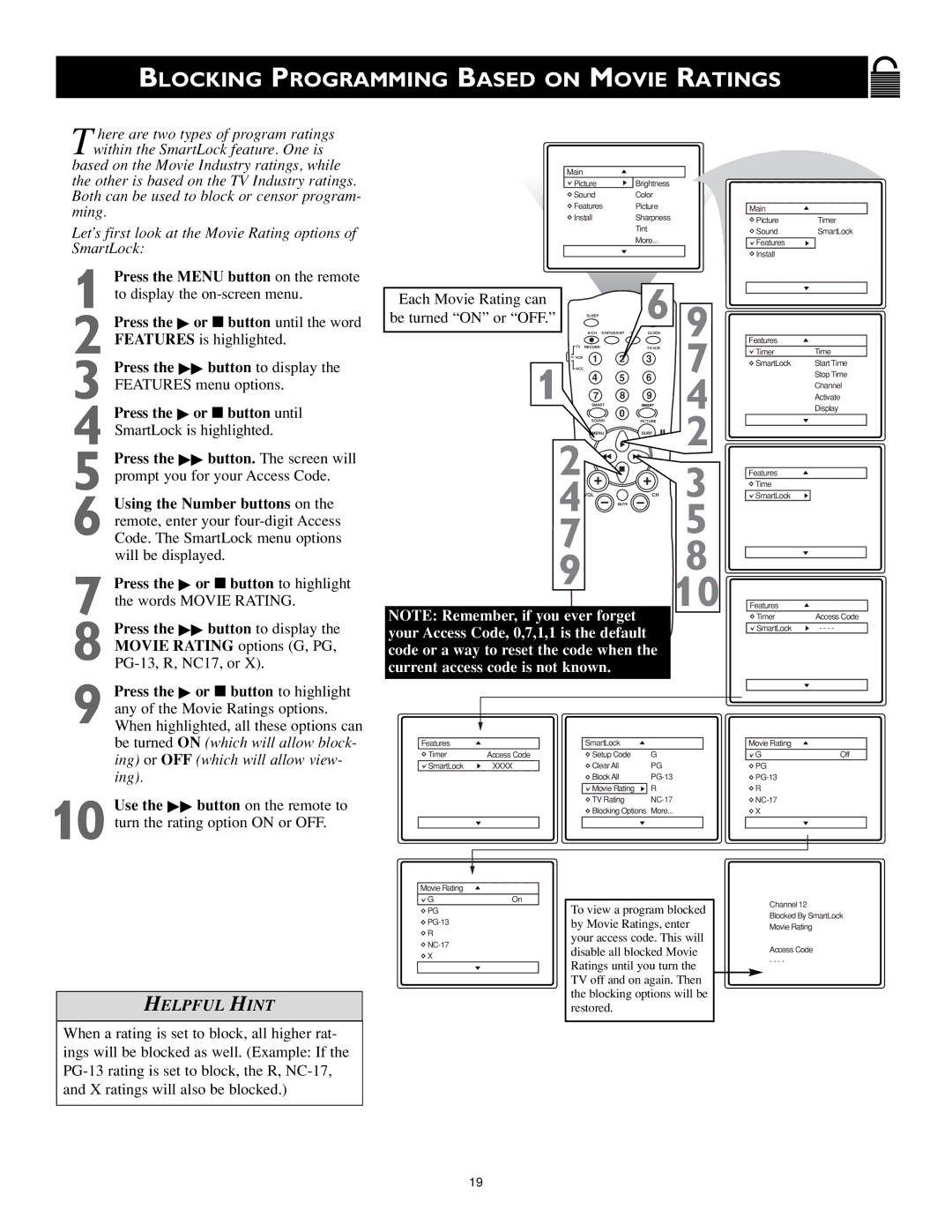 Magnavox MS3252S MS3652S owner manual Blocking Programming Based on Movie Ratings, Press the  or button to highlight 