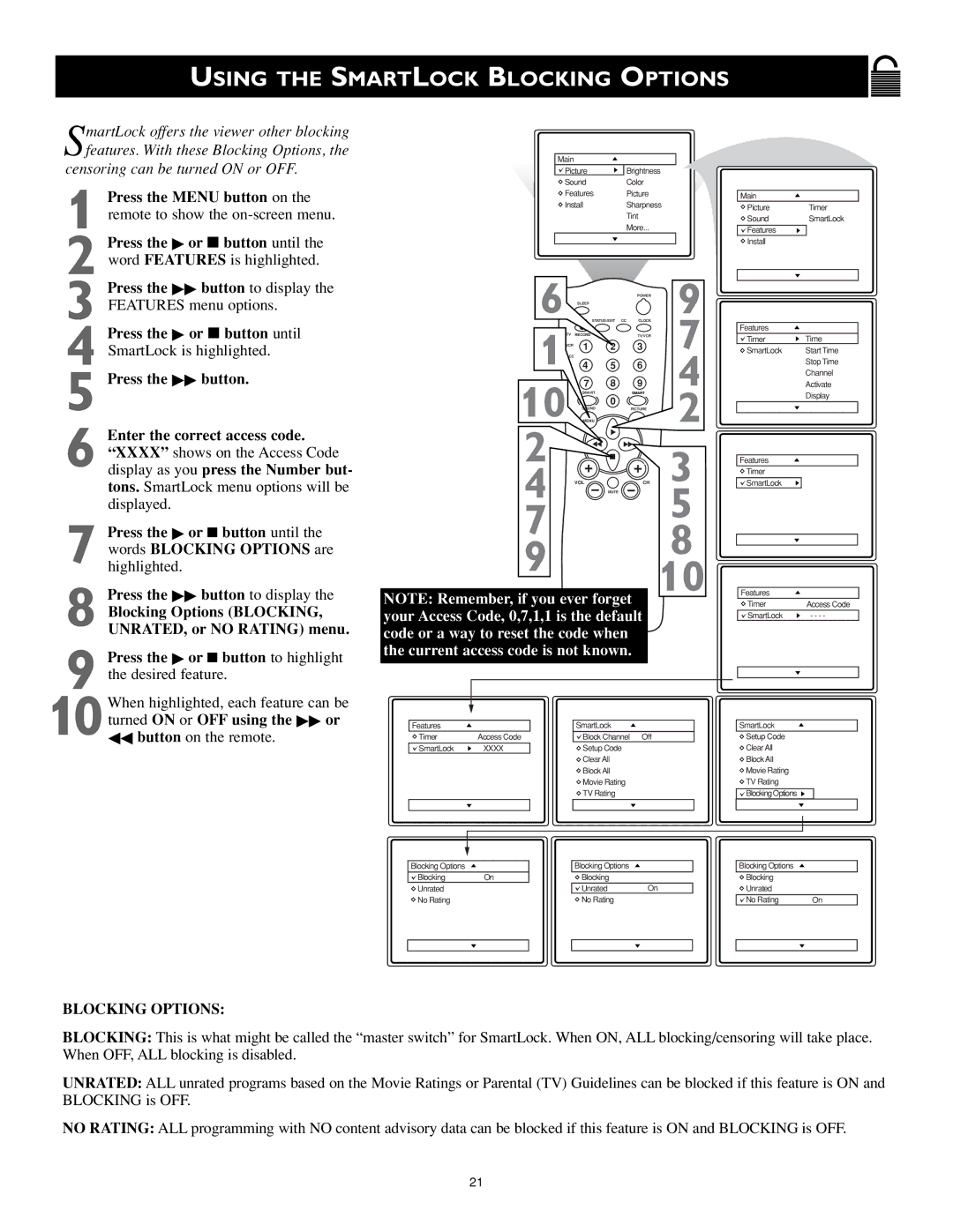 Magnavox MS3252S MS3652S owner manual Using the Smartlock Blocking Options, 10turned on or OFF using the  or 