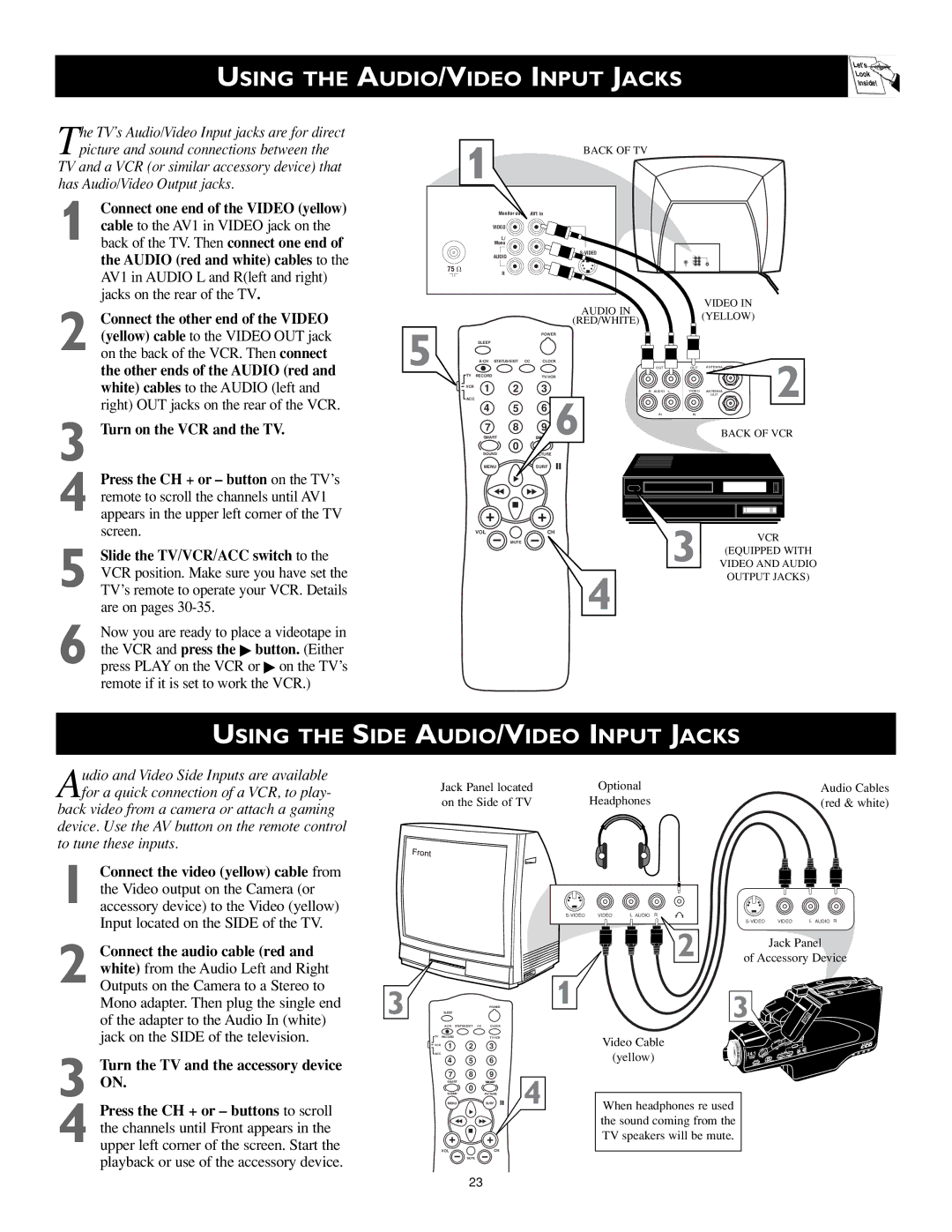 Magnavox MS3252S MS3652S owner manual Using the AUDIO/VIDEO Input Jacks, Using the Side AUDIO/VIDEO Input Jacks 