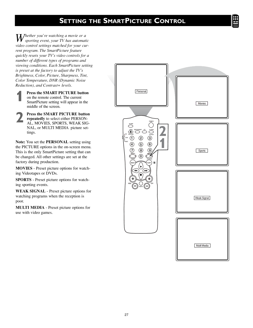 Magnavox MS3252S MS3652S owner manual Setting the Smartpicture Control, Press the Smart Picture button 