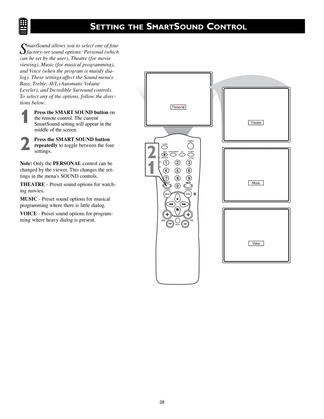 Magnavox MS3252S MS3652S owner manual Setting the Smartsound Control, Press the Smart Sound button on 