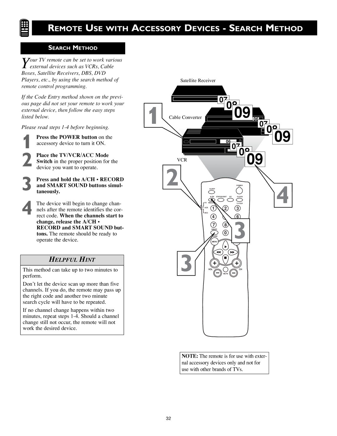 Magnavox MS3252S MS3652S owner manual Remote USE with, Accessory Devices Search Method, Press the Power button on 