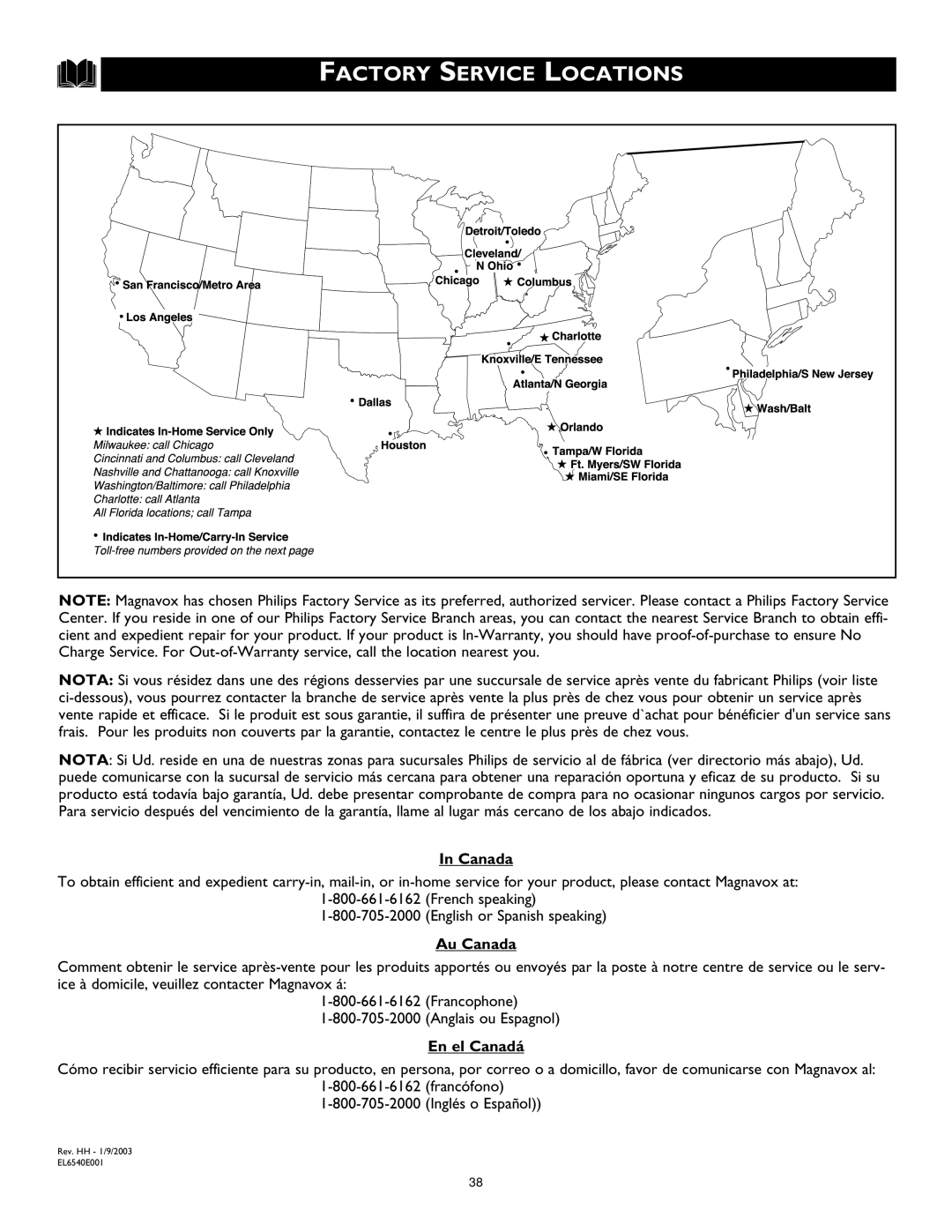 Magnavox MS3252S MS3652S owner manual Factory Service Locations, Canada 