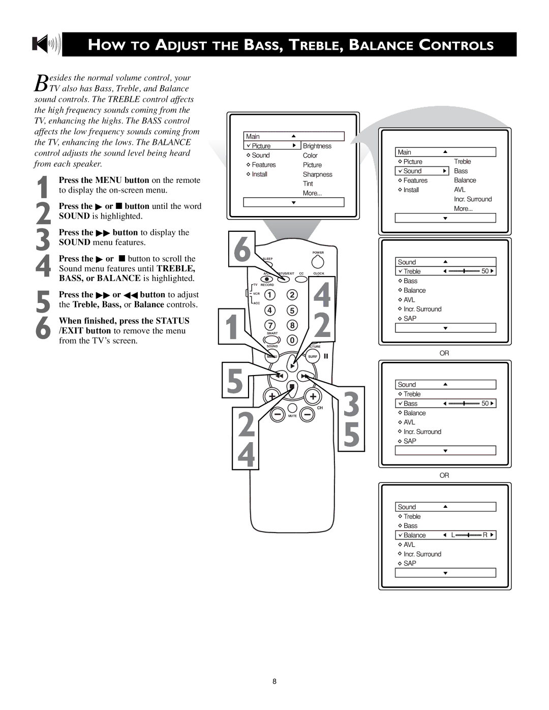 Magnavox MS3252S MS3652S owner manual HOW to Adjust the BASS, TREBLE, Balance Controls 