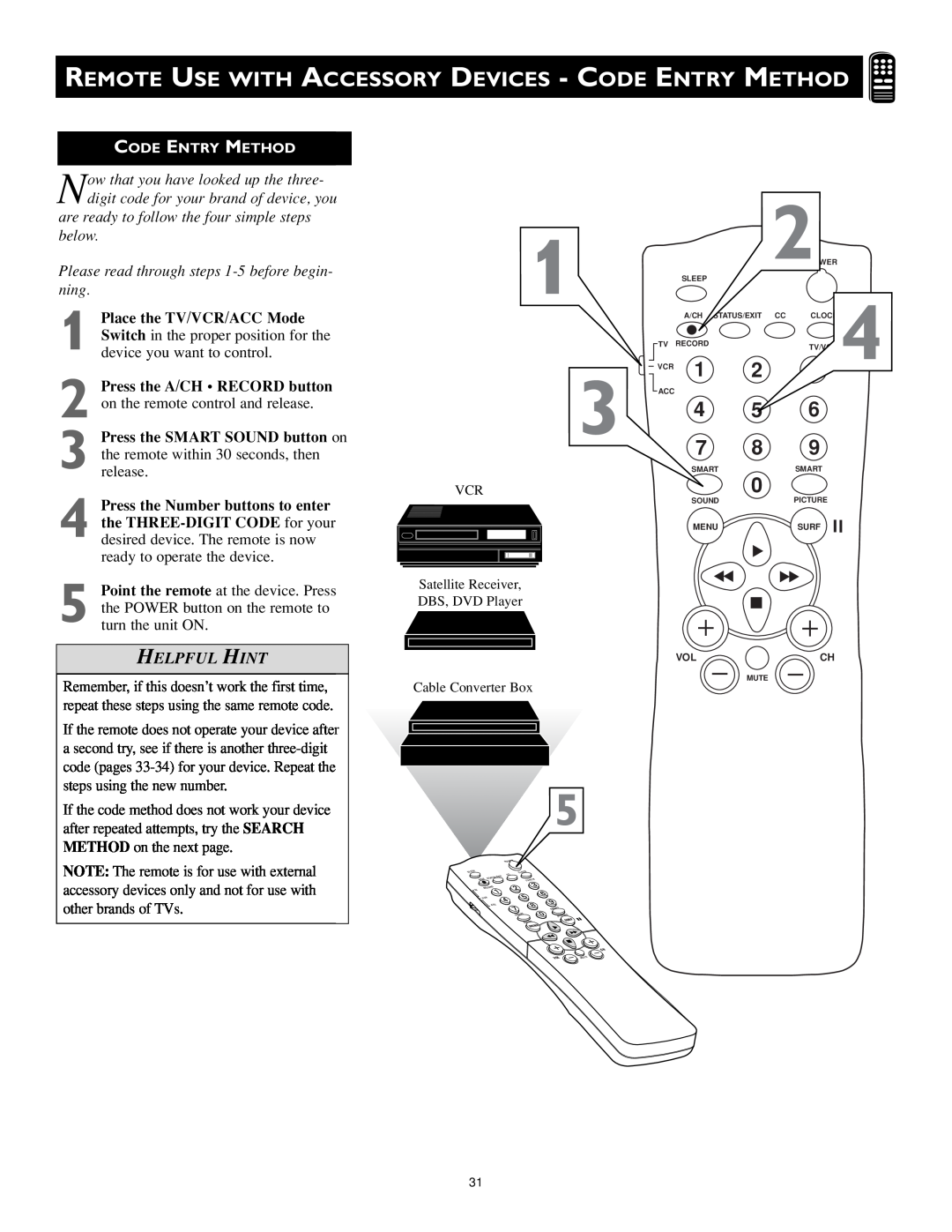 Magnavox MS3252S MS3652S Remote Use With Accessory Devices - Code Entry Method, Helpful Hint, Place the TV/VCR/ACC Mode 