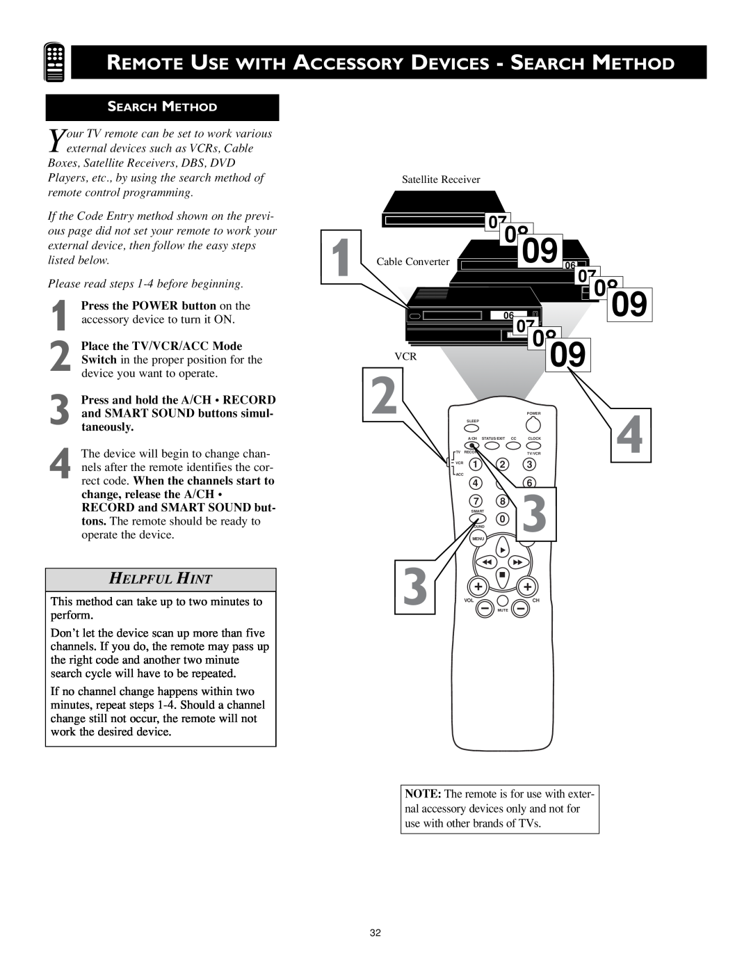 Magnavox MS3252S MS3652S owner manual Remote Use With, Accessory Devices - Search Method, 0708, Helpful Hint 