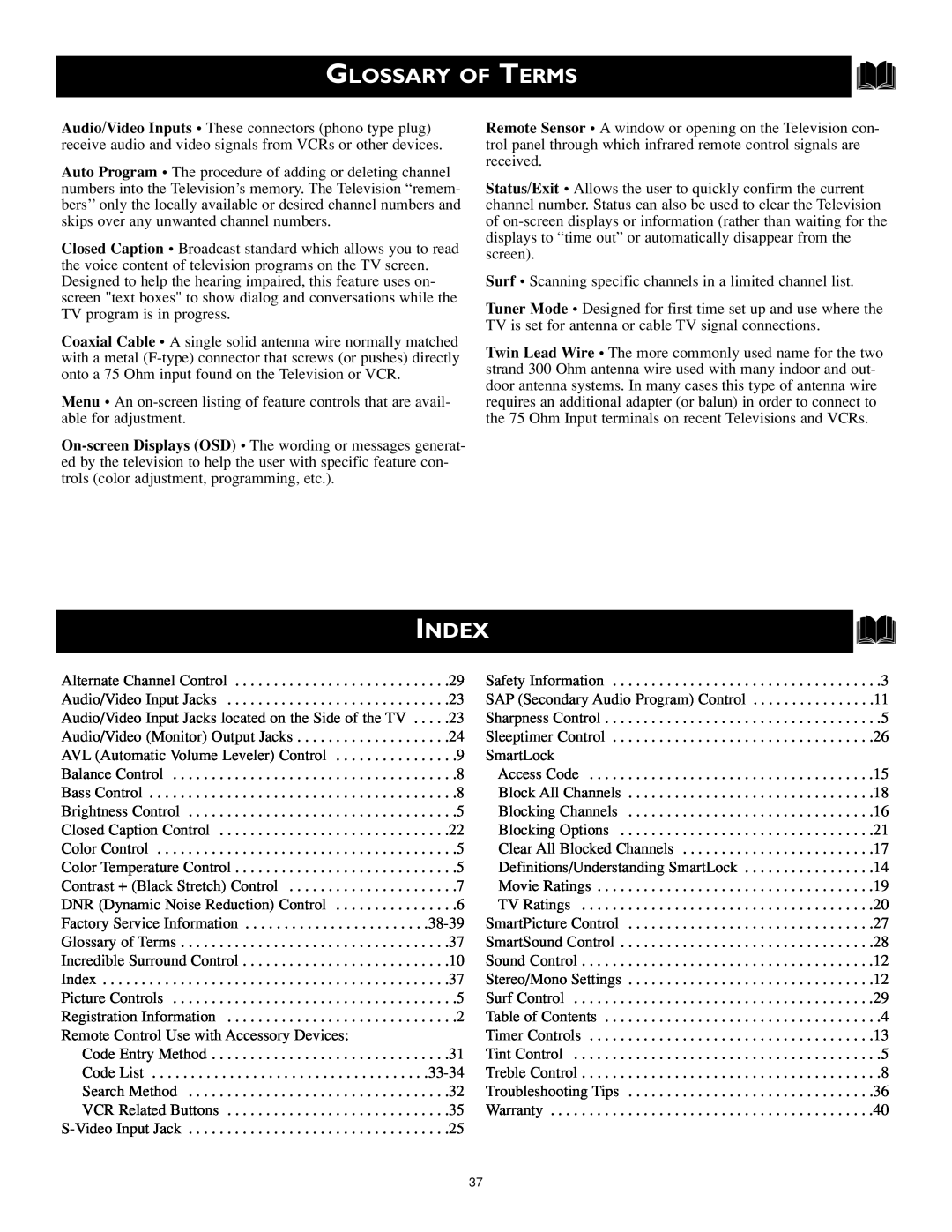 Magnavox MS3252S MS3652S owner manual Glossary Of Terms, Index 