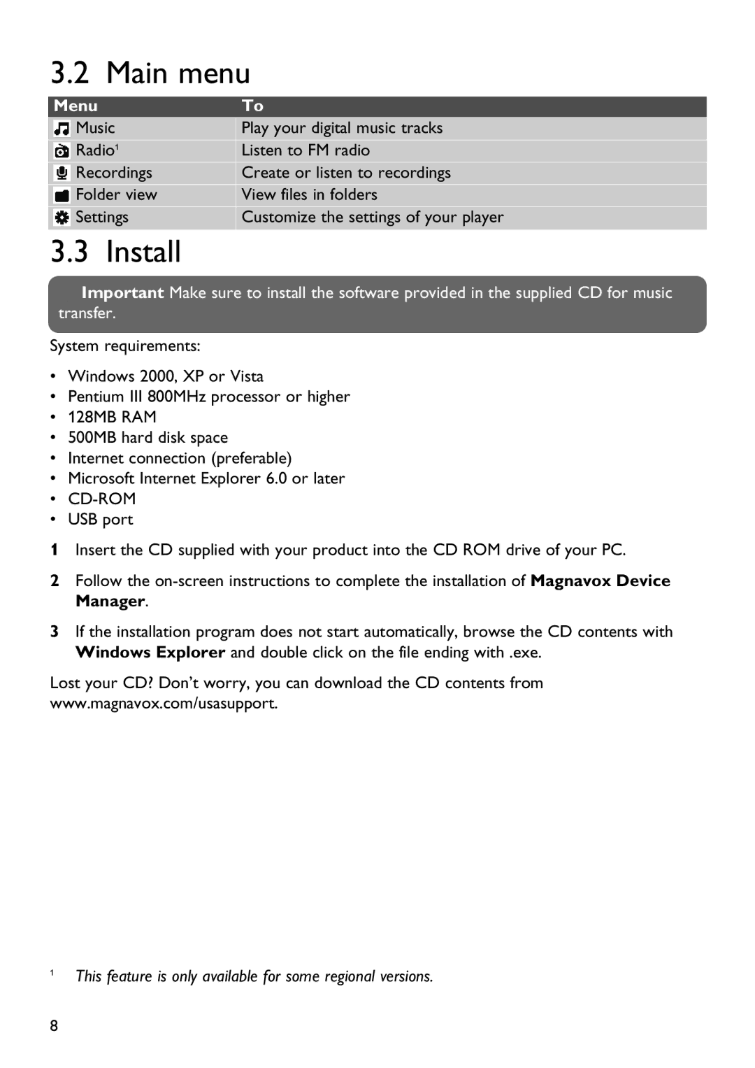 Magnavox MSA2025 manual Main menu, Install 