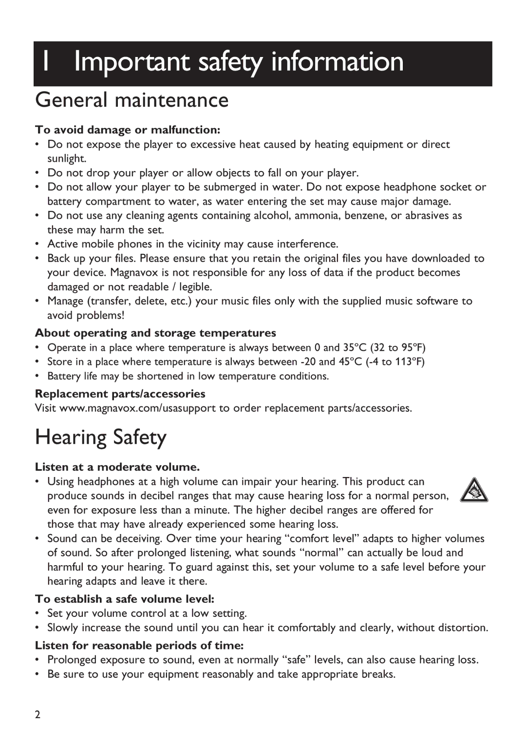 Magnavox MSA2025 manual Important safety information, General maintenance, Hearing Safety 