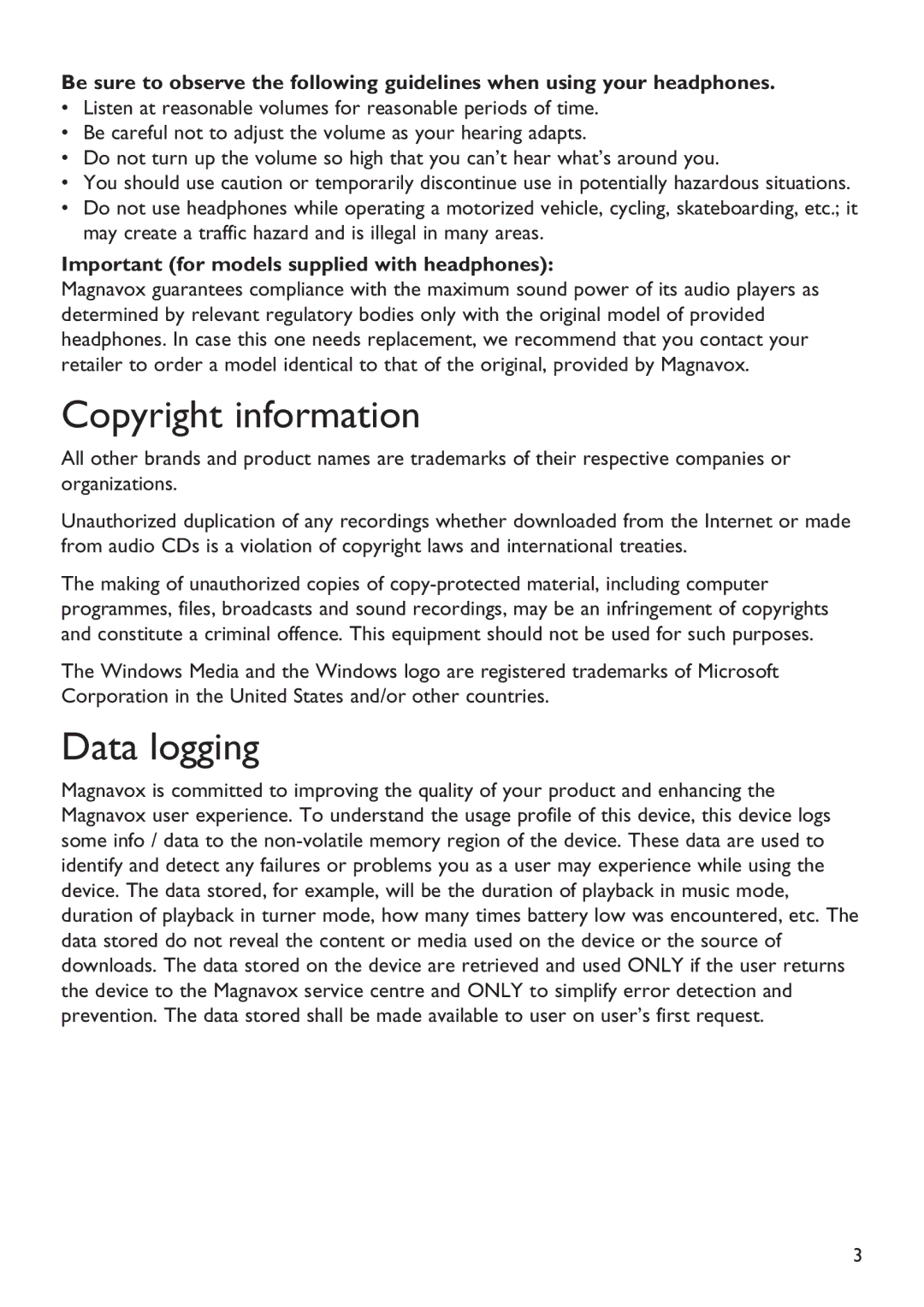 Magnavox MSA2025 manual Copyright information, Data logging, Important for models supplied with headphones 