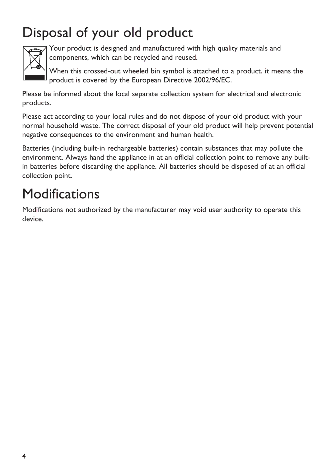 Magnavox MSA2025 manual Disposal of your old product, Modifications 