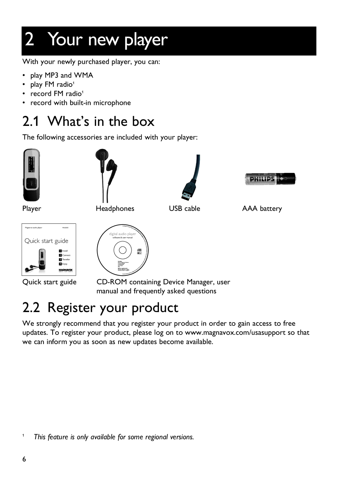 Magnavox MSA2025 manual Your new player, What’s in the box, Register your product 