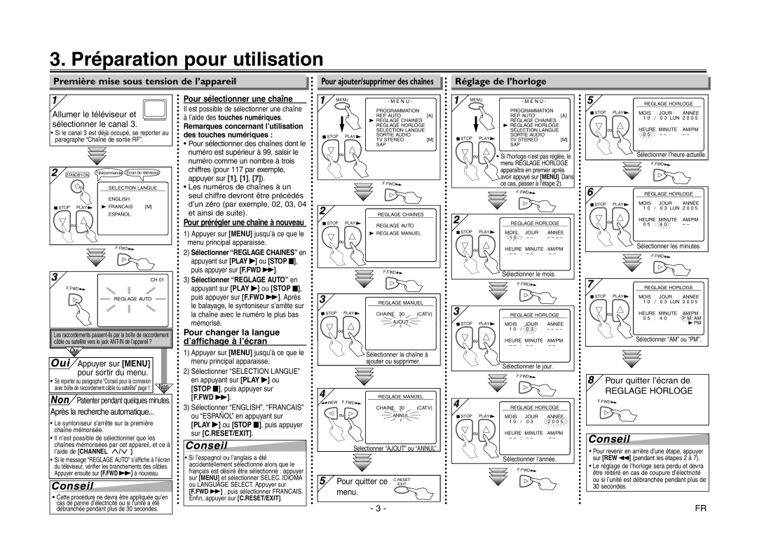 Magnavox MSC455 owner manual Préparation pour utilisation, Première mise sous tension de l’appareil, Réglage de l’horloge 