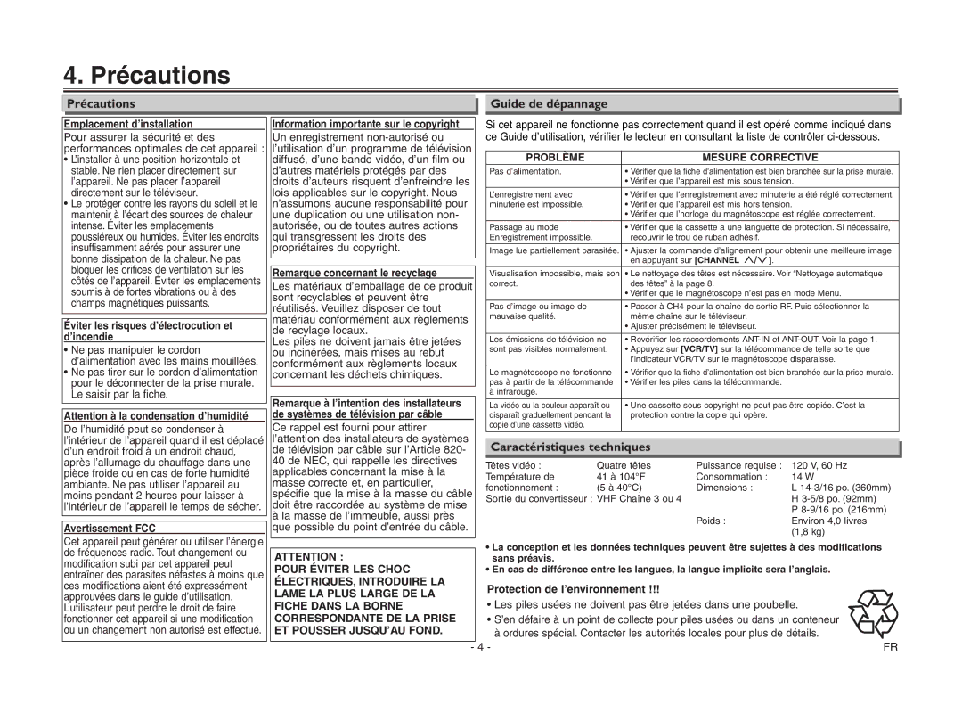 Magnavox MSC455 owner manual Précautions, Caractéristiques techniques 