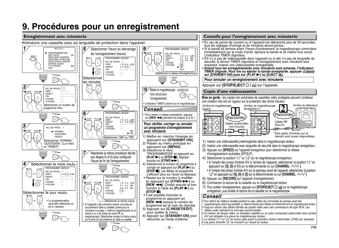 Magnavox MSC455 owner manual Procédures pour un enregistrement, Enregistrement avec minuterie, Copie d’une vidéocassette 