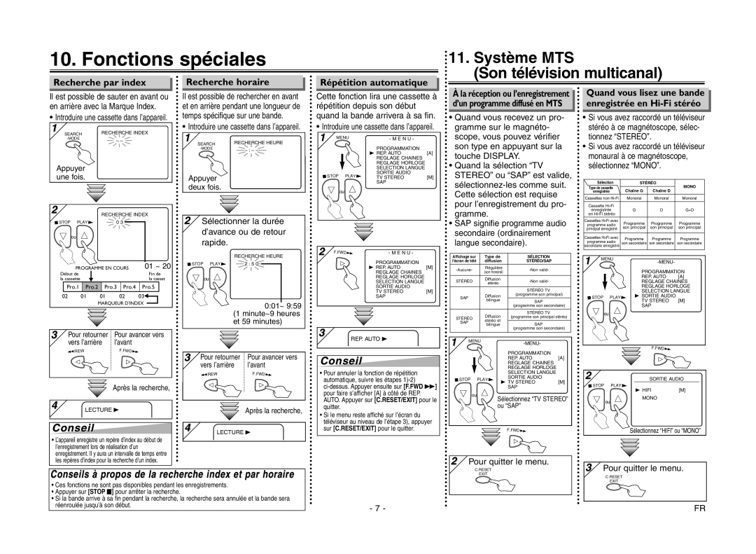 Magnavox MSC455 owner manual Fonctions spéciales, Recherche par index, Recherche horaire, Répétition automatique 