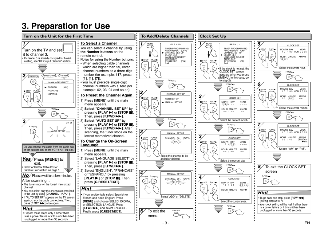 Magnavox MSC455 Preparation for Use, To Select a Channel, To Preset the Channel Again, To Change the On-Screen Language 