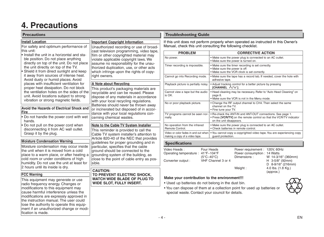 Magnavox MSC455 owner manual Precautions, Specifications 