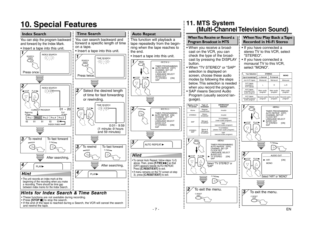 Magnavox MSC455 owner manual Special Features, Index Search, Time Search, Auto Repeat 