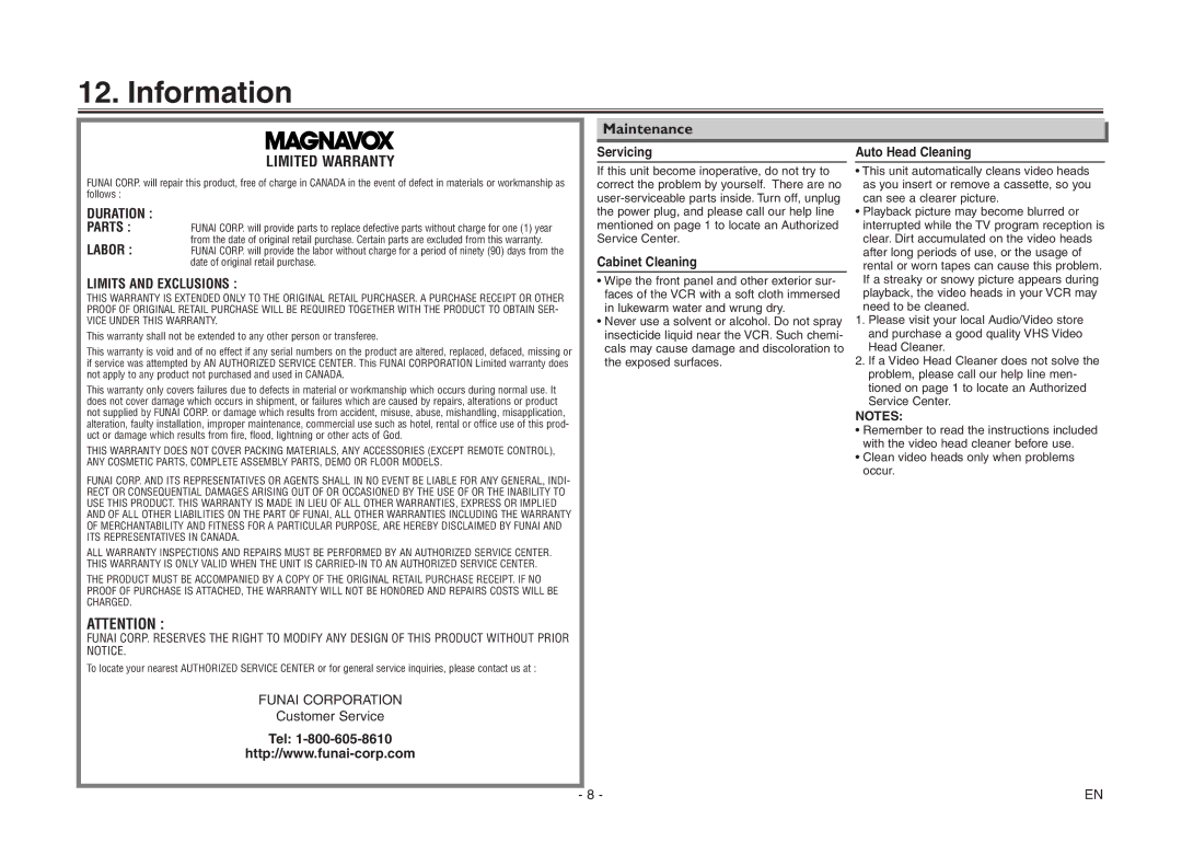 Magnavox MSC455 owner manual Information, Maintenance 