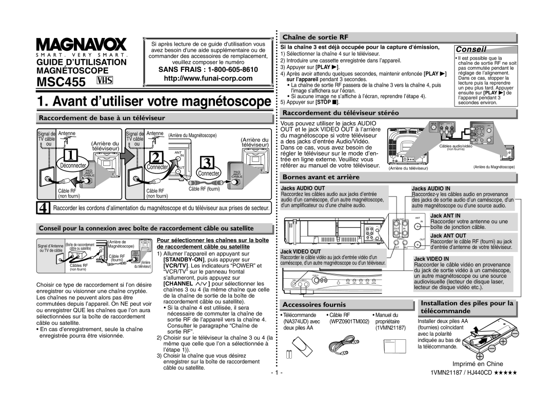 Magnavox MSC455 Chaîne de sortie RF, Bornes avant et arrière, Accessoires fournis Installation des piles pour la 