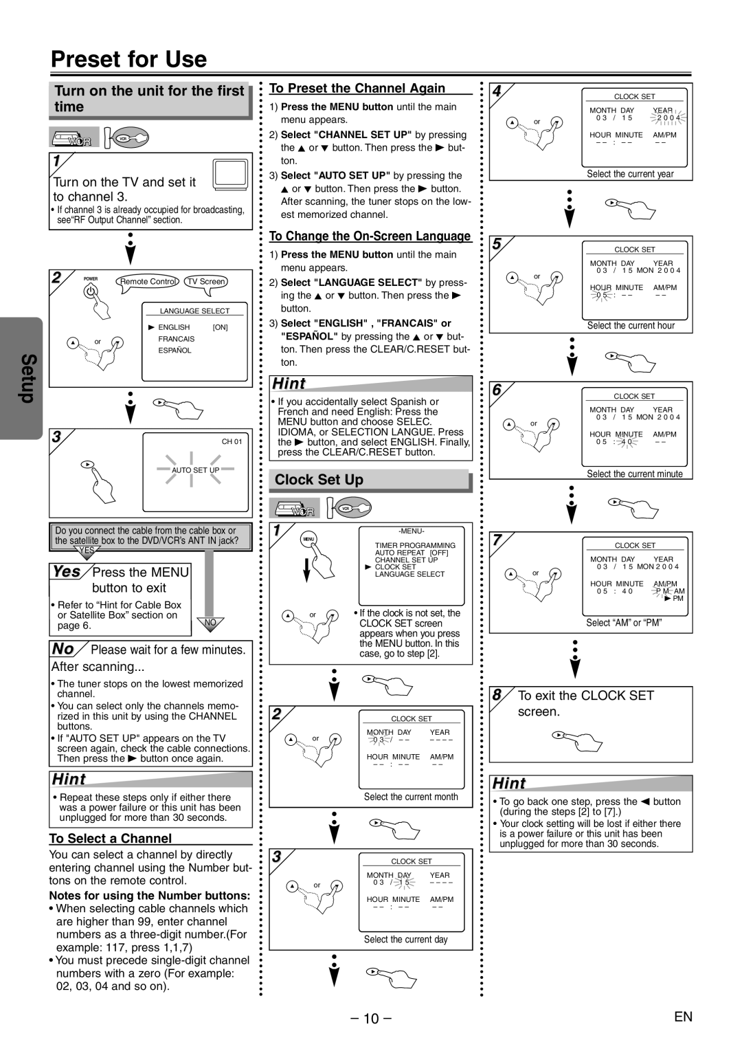 Magnavox MSD804 owner manual Preset for Use, Turn on the unit for the first time, Clock Set Up 