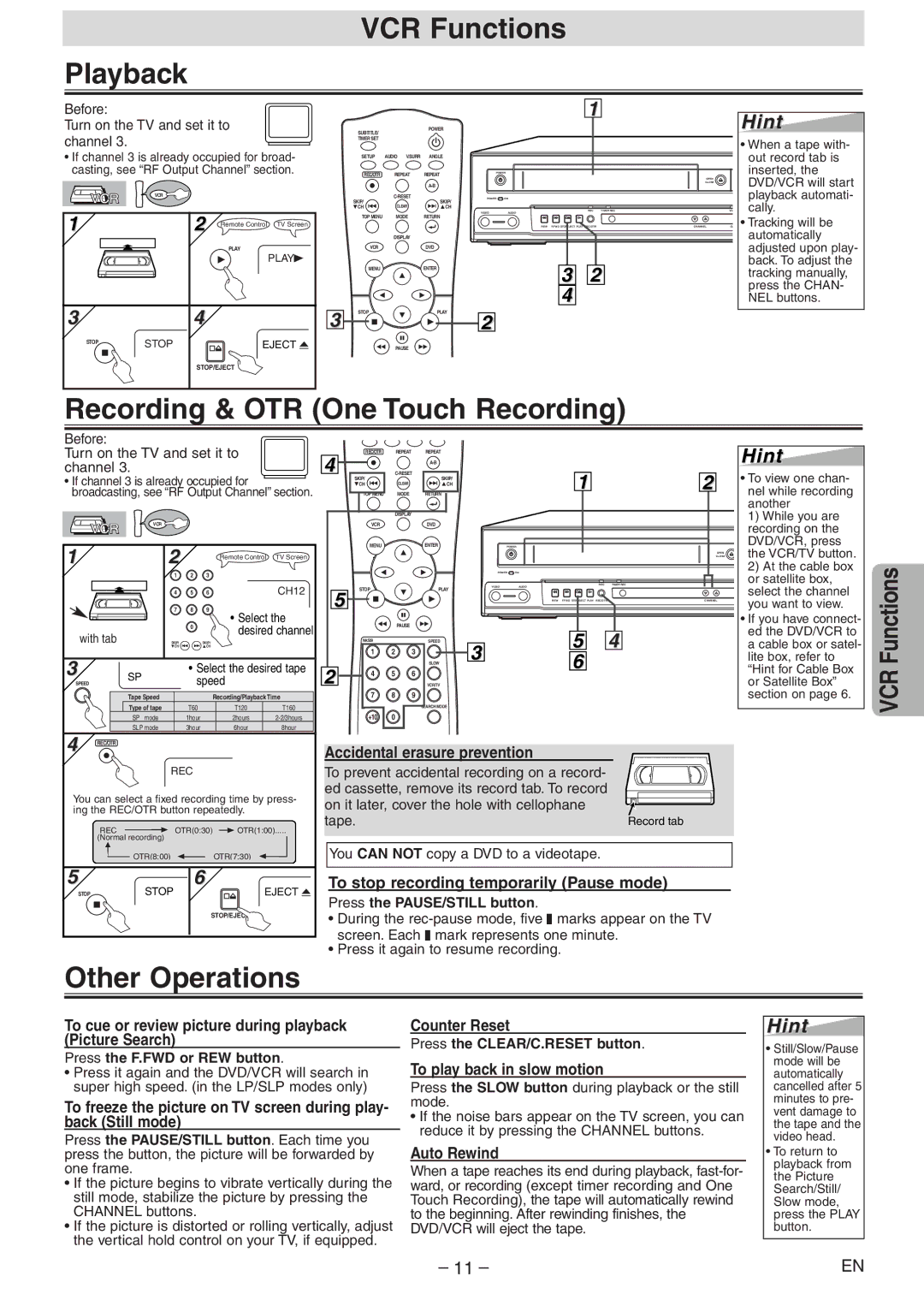 Magnavox MSD804 owner manual VCR Functions Playback, Recording & OTR One Touch Recording, Other Operations 