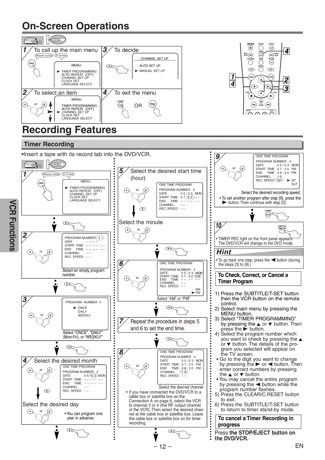 Magnavox MSD804 On-Screen Operations, Recording Features, Timer Recording, To Check, Correct, or Cancel a Timer Program 