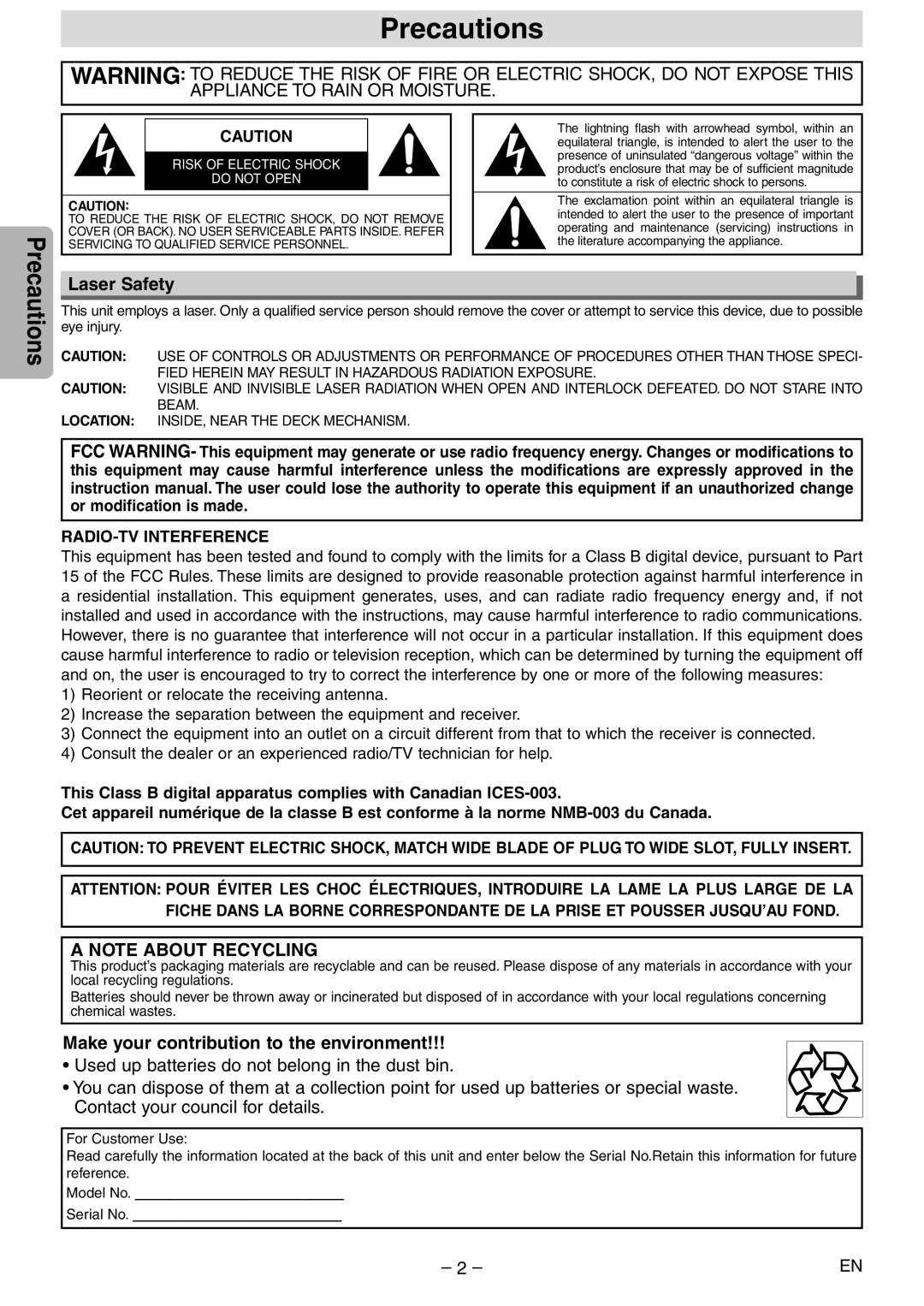 Magnavox MSD804 owner manual Precautions, Laser Safety, Make your contribution to the environment 