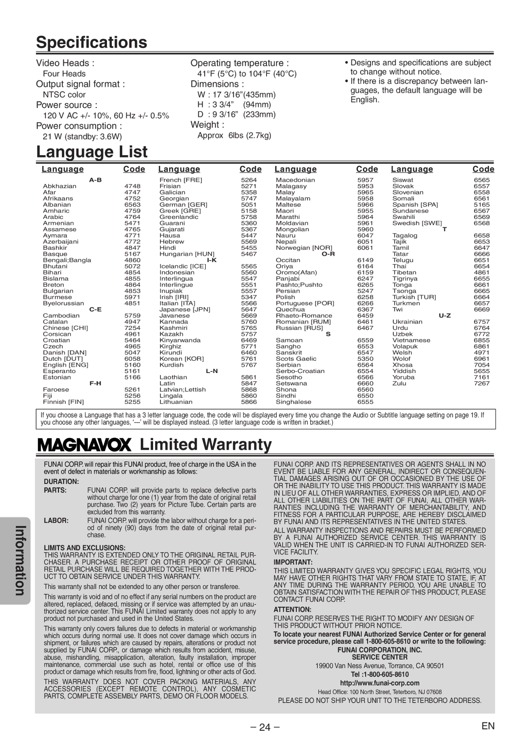 Magnavox MSD804 owner manual Specifications, Language List, Limited Warranty 