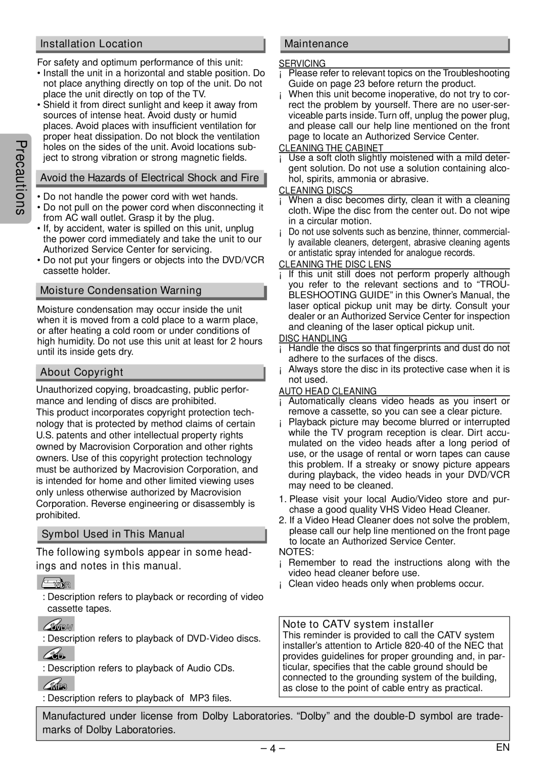 Magnavox MSD804 Installation Location Maintenance, Avoid the Hazards of Electrical Shock and Fire, About Copyright 