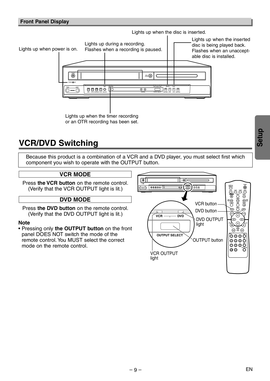 Magnavox MSD804 VCR/DVD Switching, Front Panel Display, Lights up during a recording, Disc is being played back 