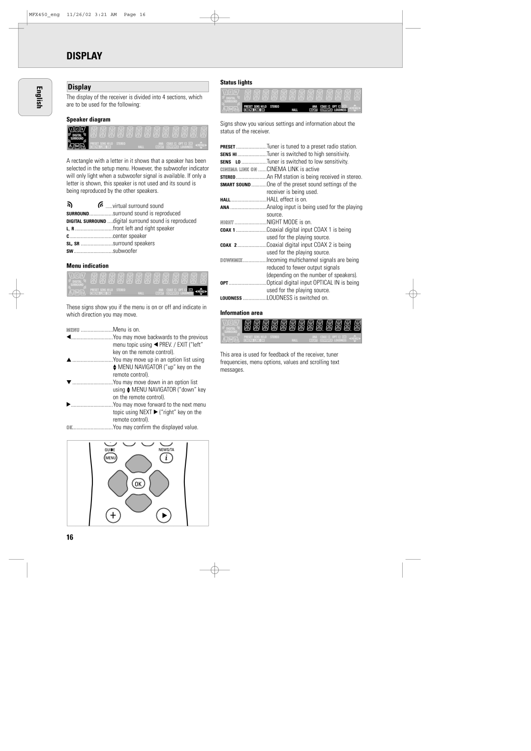 Magnavox MMX450/17, MSW 990/17, MCS 990/17 manual English Display 