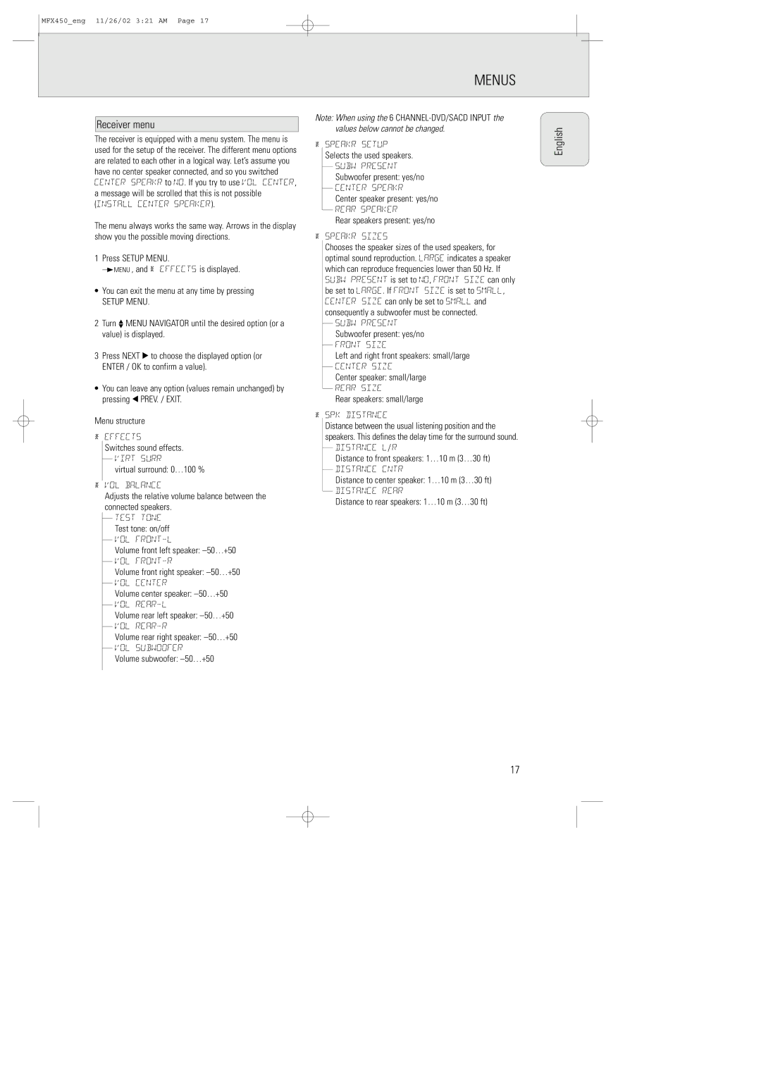 Magnavox MSW 990/17, MCS 990/17 manual Menus, Receiver menu, You can exit the menu at any time by pressing, Menu structure 